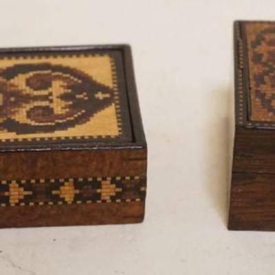 1108	ANTIQUE INLAID MINIATURE MAHOGANY COVERED BOXES, LARGEST APPROXIMATELY 2 IN X 3 IN X 1 IN H
