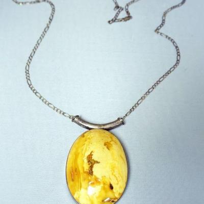 1240	ORANGE TURQUOISE STONE NECKLACE, CHAIN MARKED 925 ITALY, CHAIN APPROXIMATELY 28 IN L, STONE MEAUSRES APPROXIMATELY  1/2 IN X 1 3/4...