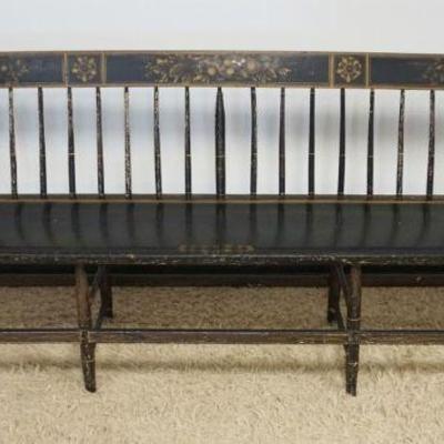 1181	ANITIQUE DEACONS BENCH W/WIDE PLANK BOTTOM & PAINT DECORATED & STENCILED W/CUSHION, APPROXIMATELY 15 IN DEEP X 32 IN HIGH X...