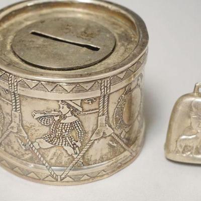 1270	STERLING SILVER BABY RATTLE AND DRUM BANK, 2.44 TOZ. BANK DENTED
