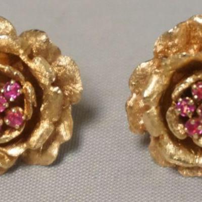 1228	14K GOLD FLOWER AND RUBY EARRINGS, 8.71 DWT
