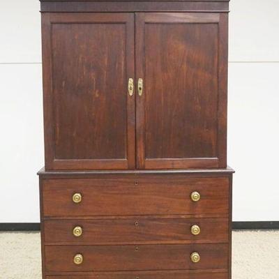 1184	ANTIQUE MAHOGANY LINEN PRESS, 2 PART, 2 DOOR OVER 4 DRAWERS, SOME LOSS TO TRIM, APPROXIMATELY 47 IN X 20 IN X 92 IN HIGH
