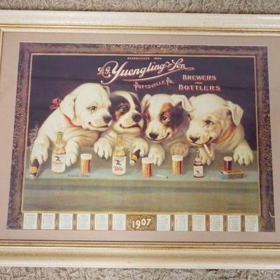 1120A	ANTIQUE BEER 1907 FRAMED CALENDAR DG YUENGLING & SONS DEPICTING DOGS AT A BAR LISTENING TO A *GOOD STORY*, APPROXIMATELY 34 1/4...