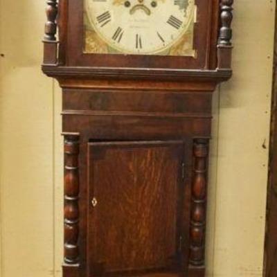 1185	ANTIQUE CONTINENTAL GRANDFATHERS CLOCK IN MAHOGANY & OAK CASE, CLOCK W/MOON DIAL PAINTED ON FACE W/NAME JN GRIFFITH BETHESDA,...
