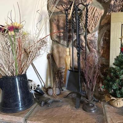 #1220 â€¢ Fireplace Tools & Clock, Snow Globe, Mini Christmas Tree, and Decor
