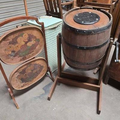 #2064 â€¢ Hand Crank Blakeman & Dobson Butter Churn and Foldable Wooden Rack
