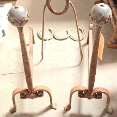 #2182 â€¢ (2) Andirons & (1) Horse Shoe Rack
