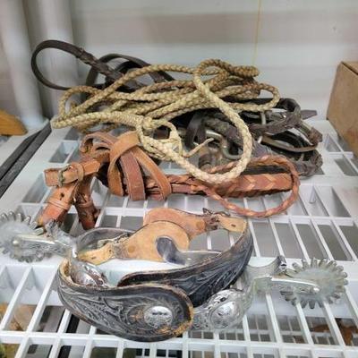 #2233 â€¢ Headstall, (2) Reins, Snaffle Bit, Rope and Spurs

