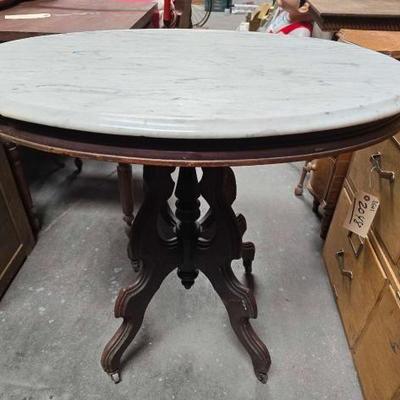 #2072 â€¢ Wooden Table with Marble Top and Wheels
