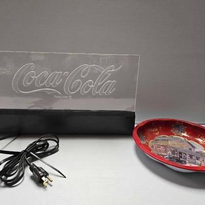 #2188 â€¢ Coca-Cola Light Up Sign and Tin Bowl
