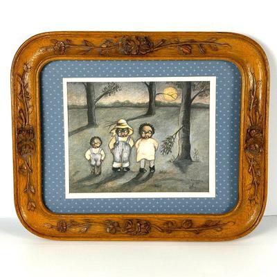 N. Schneeman Folk Art Three Children 1985 Framed Signed Lithograph