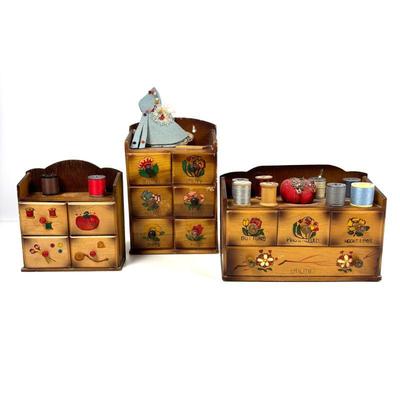 Vintage Small Wooden Wall Hanging Sewing Notions Cabinets