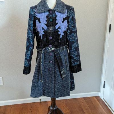 Sacred Threads Women's Size Medium Blue/Black Boho Textured Floral Peacoat