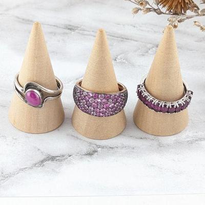 Three Sterling Silver Rings with Pink Stones: Star Ruby, Pink Sapphire & Pink Rhodolite