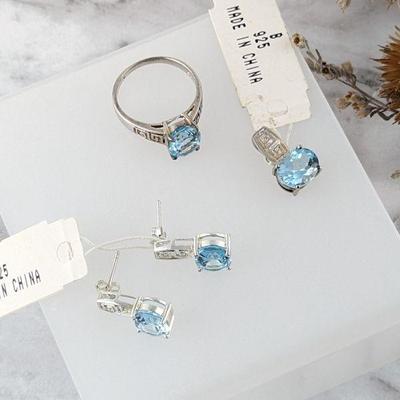 Sterling Silver & Blue Topaz Ring, Pendant & Earring Set