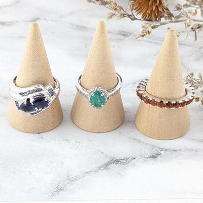 Three Sterling Silver with Gemstone Rings: Iolite, Emerald & CZ, Garnet