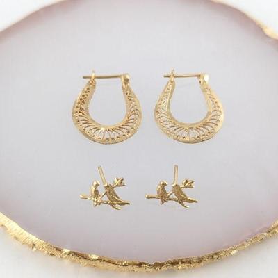 14K Yellow Gold Hoop Earrings & Birds on Branch Earrings