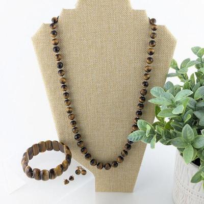 Tiger's Eye Stretch Bracelet, 14K Earrings & Silver Necklace