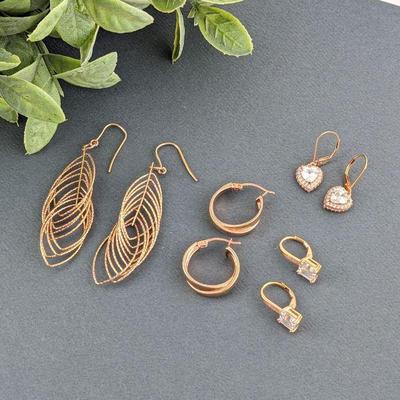 Four Pairs Rose Gold Tone Sterling Silver & CZ Earrings