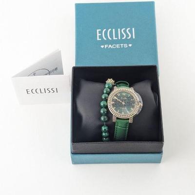 Ecclissi Facets Malachite Leather Band Watch with Malachite Stretch Bracelet - New in Box