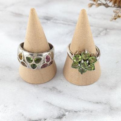  Sterling Silver with Citrine, Green & Pink Tourmaline Ring & Sterling with Green Garnet Flower Ring