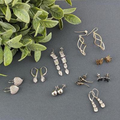 Nine Pairs of Sterling Silver Earrings Including Blue Irradiated Diamond Butterfly Earrings