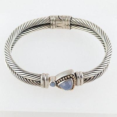 Samuel Benham Sterling Silver & 14K Gold Chalcedony Cable Hinged Cuff Bracelet
