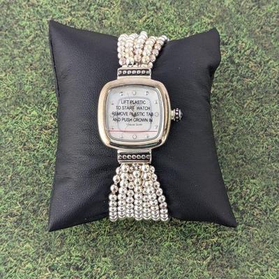 Ecclissi Sterling Silver Beaded Stretch Bracelet Watch with Mother of Pearl Dial & White Topaz Accents