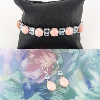 Sterling Silver Pink Opal & Blue Topaz Bracelet & Earrings