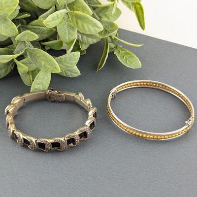 Sterling Silver Marcasite & Onyx Bracelet & Two-Tone Hinged Bracelet