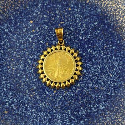 1/10oz 22K Gold American Eagle Lady Liberty Coin in 14K Gold Surround