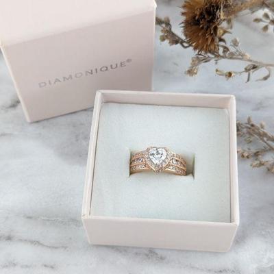 Diamonique Heart Rose Tone Plated Sterling & Simulated Diamond Engagement Ring - New in Box