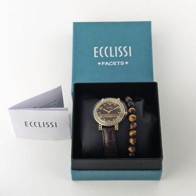 Ecclissi Facets Tiger's Eye Leather Band Watch with Tiger's Eye Stretch Bracelet - New in Box