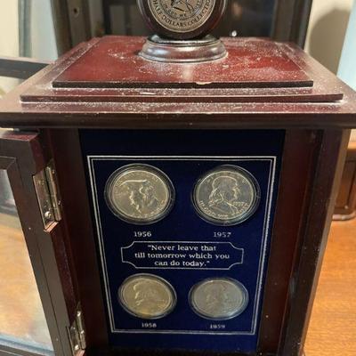 Silver Ben Franklin Collection Half Dollars 14 total.  Coins are in a nice coin collectors rotating cabinet, 4 sides, coin cards on each...