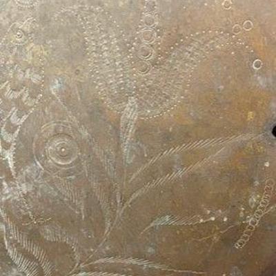 Antique Copper Bed Warmer. Top is etched in a beautiful Folk-art Design with Pheasants 