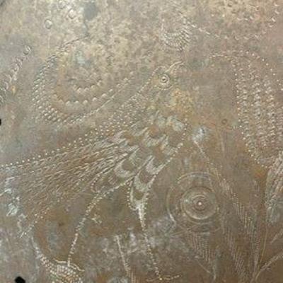 Antique Copper Bed Warmer. Top is etched in a beautiful Folk-art Design with Pheasants 