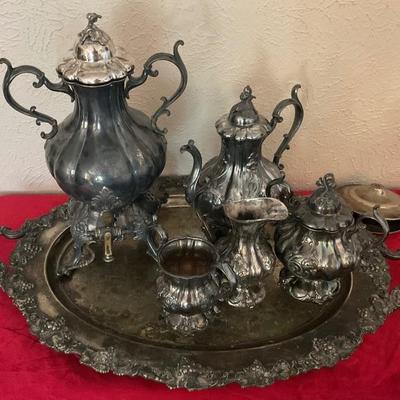 Quadruple plated, hot water dispenser, tea pot, sugar and creamer waist bowl, beautiful large oval tray