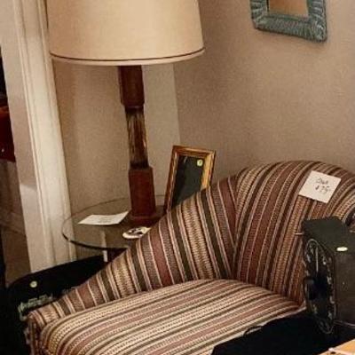 Slipper chair, mid century lamp