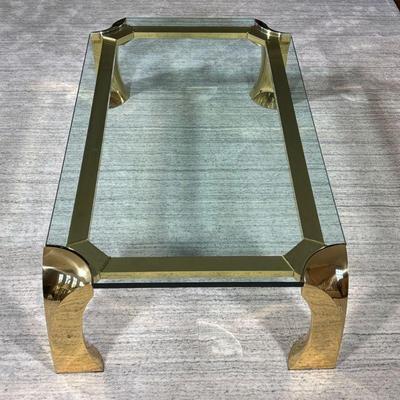 MANNER OF KARL SPRINGER BRASS & GLASS LOW TABLE | MCM Mid Century style coffee table Marked made in Italy, polished frame with glass...