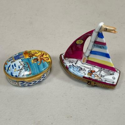 (2PC) HALCYON DAYS & LIMOGES ENAMEL PAINTED BOXES | Sailboat trinket/pill boxes, including; a sailboat-form Limoges box "hand...