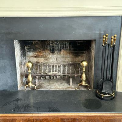 (7PC) ANDIRONS AND FIREPLACE TOOLSET | h. 31 x dia. 8 in (of tools in rack)

