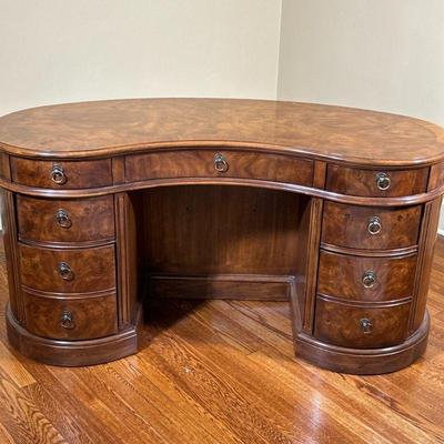 KIDNEY FORM EXECUTIVE’S DESK | Drexel Desk with brass hardware. - l. 58.5 x w. 23 in


