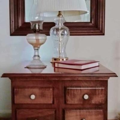 Maple server, etched crystal lamp, oil lamp