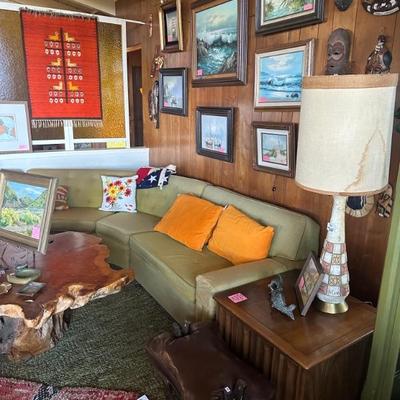 MCM SOFA, end tables,  wall art, masks