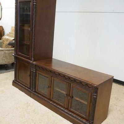 1231	2 PART ENTERTAINMENT SECTION W/DISPLAY CABINET & STAND, BOTH HAVING CARVED COLUMN FRONTS, COMBINED APPROXIMATELY 78 IN X 21 IN X...