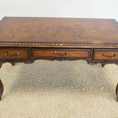 1221	SEVEN SEAS HOOKER LIBRARY DESK HAVING 3 DRAWERS & CARVED CABRIOLE LEGS, TOP HAS SURFACE WEAR, APPROXIMATELY 60 IN X 30 IN X 32...