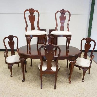 1230	STANLEY *THE AMERICAN HERITAGE* DINING TABLE, W2 LEAVES & 6 QUEEN ANNE STYLE CHAIRS W/SHELL CARVED CRESTS, TABLE APPROXIMATELY...