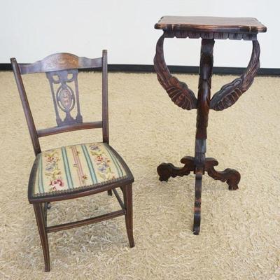 1239	WALNUT PEDESTAL W/WINGED GRIFFITH BASE & INLAID VICTORIAN SIDE CHAIR W/UPHOLSTERED SEAT, PEDESTAL APPROXIMATELY 16 IN X 11 IN X...