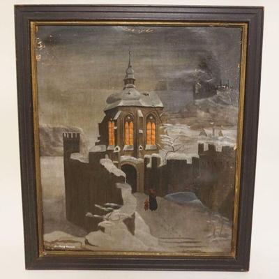 1139	OIL PAINTING ON CANVAS, WOMAN & CHILD WALKING INTO CASTLE, ARTIST SIGNED JON PHILIP METZGER, OLD REPAIRS, APPROXIMATELY 22 IN X...