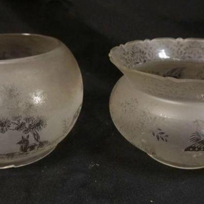 1148	2 ETCHED GLASS VICTORIAN GAS SHADES, ONE W/STAG & DEER, LARGEST APPROXIMATELY 7 1/2 IN X 4 1/2 IN X 4 IN
